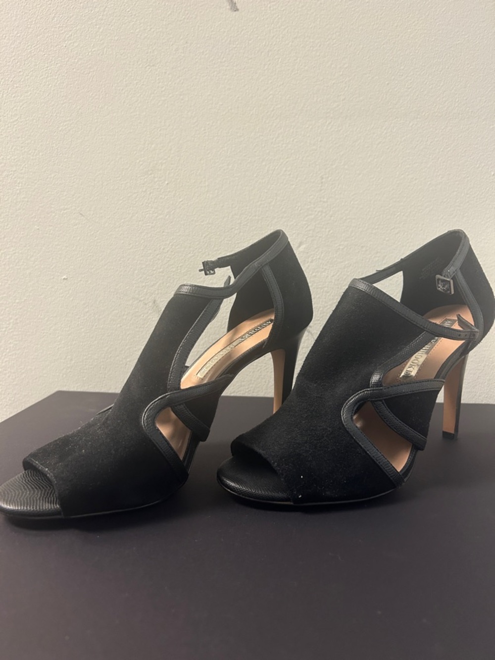 Audrey Brooke Black Suede Cutout Peep-Toe Heels